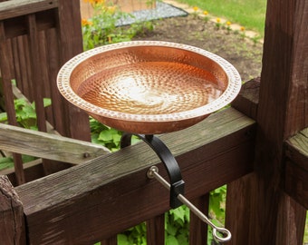 Solid Copper Hammered  Birdbath with with Over Deck or Hand Railing Bracket