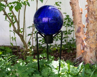 10" Cobalt Blue Crackle Glass Garden Gazing Ball with Wrought Iron Stand