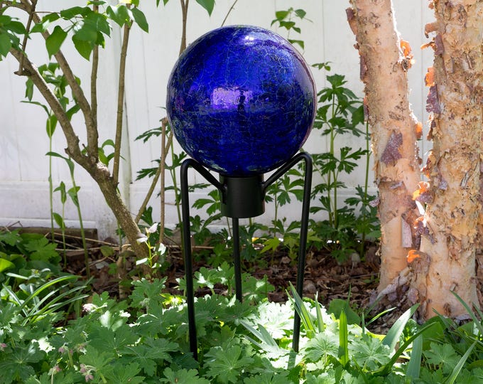 10" Cobalt Blue Crackle Glass Garden Gazing Ball with Wrought Iron Stand