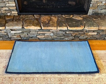 Wool Rug Sample. Rectangular Light Blue with Border 44" x 22"