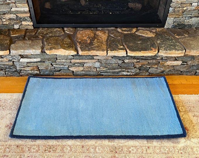 Wool Rug Sample. Rectangular Light Blue with Border 44" x 22"