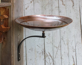 Hammered Antique Copper Birdbath with Wall Bracket
