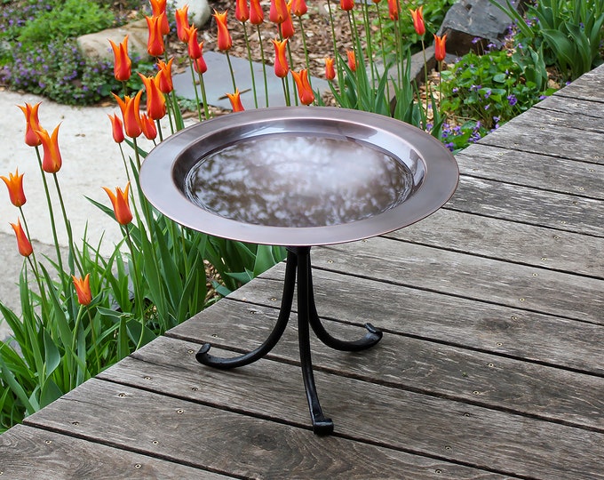 Simple Copper Birdbath 18"diameter with Wrought Iron Tripod Stand