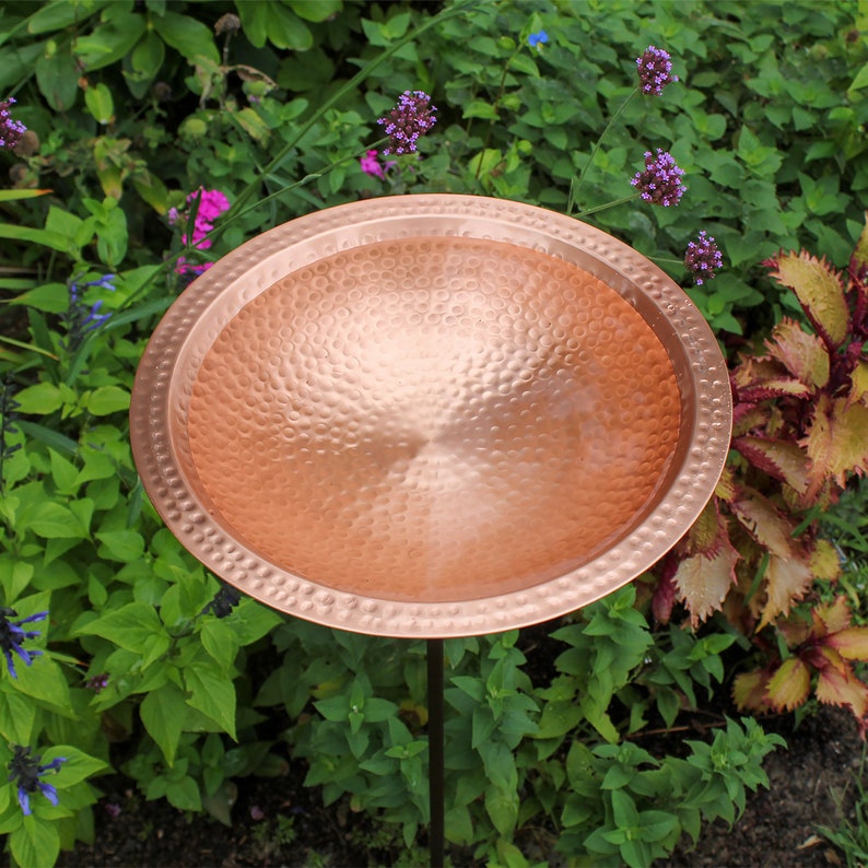 14 Solid Copper Hammered Birdbath with Rim on Garden Stake