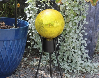 6" Yellow Crackle Textured Glass Garden Gazing Ball with Wrought Iron Stand