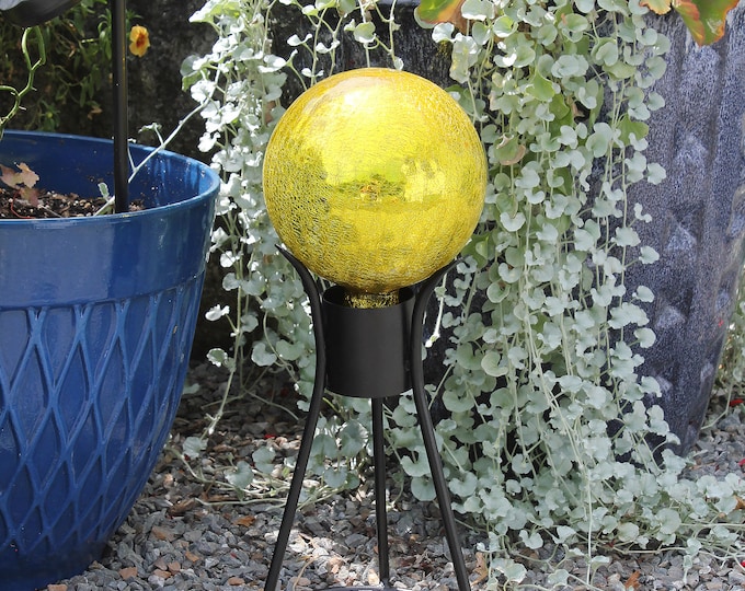 6" Yellow Crackle Glass Garden Gazing Ball with Wrought Iron Stand