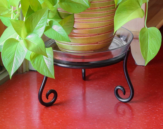 2-Scroll-Footed Wrought Iron Plant Stands with Clear Glass Trays, SET of TWO