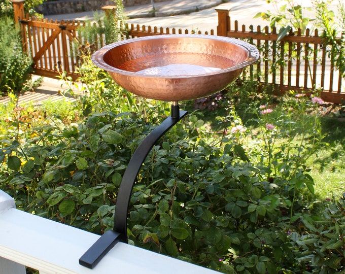 Solid Copper Hammered Birdbath with Clamp-on Bracket for Railings