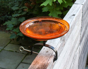 12" Tangerine Glass Birdbath with with Over Deck or Hand Rail Bracket