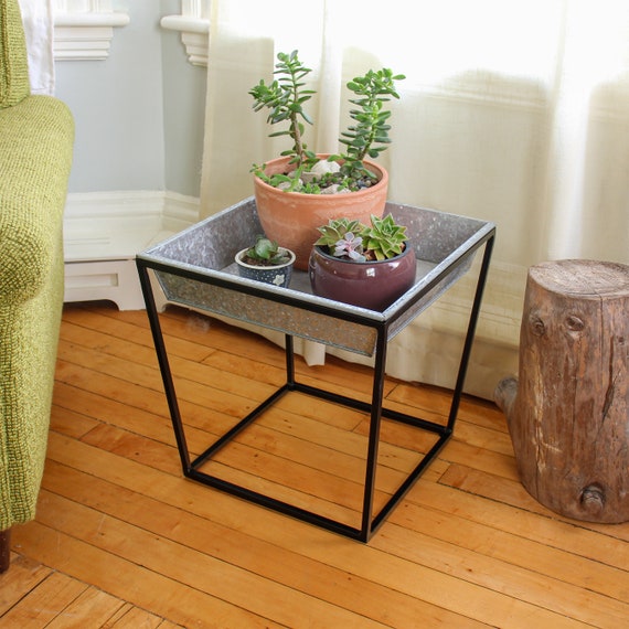 Modern Side Table or Plant Stand Iron With Galvanized Tray Etsy