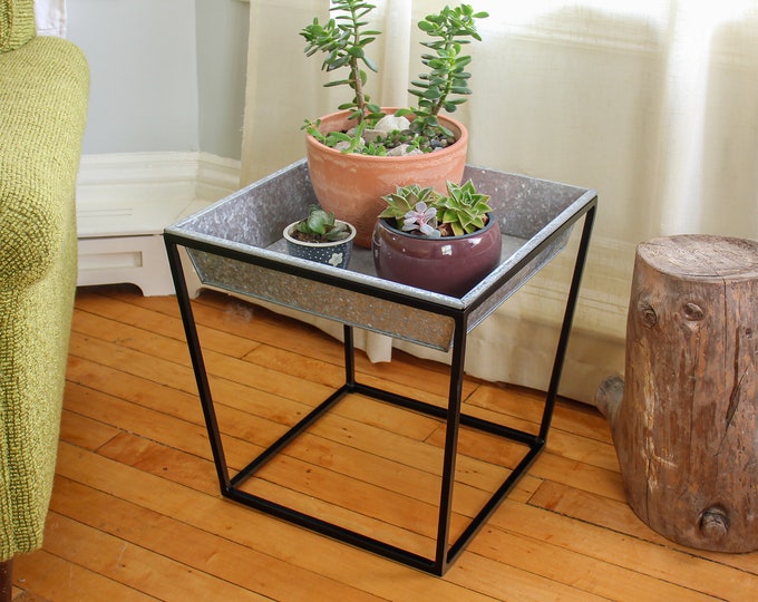 Modern Side Table or Plant Stand, Iron with Galvanized Tray