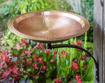 14" Solid Copper Hammered Birdbath with Wall Bracket