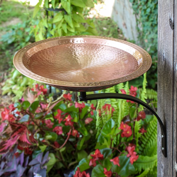 14" Solid Copper Hammered Birdbath with Wall Bracket