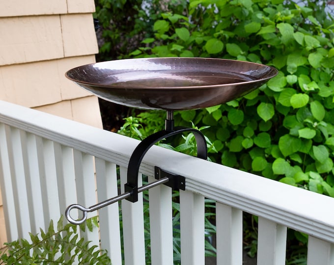 Hammered Copper Birdbath with Over Deck or Hand Railing Bracket