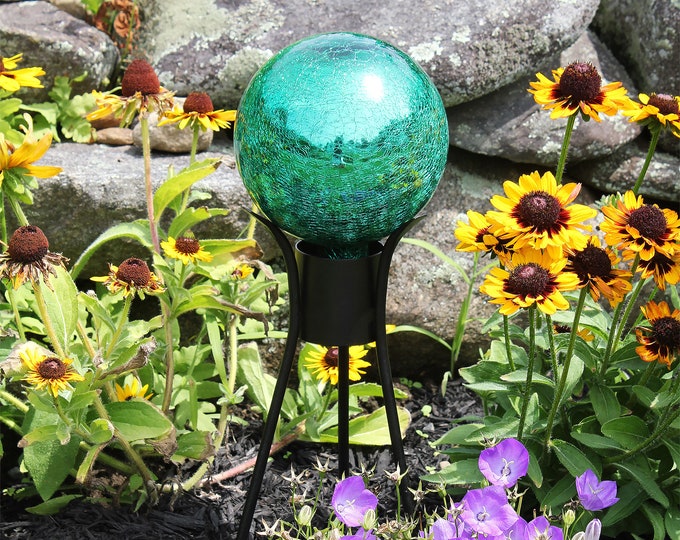 6" Deep Emerald Mirrored Crackle Glass Garden Gazing Ball with Wrought Iron Stand