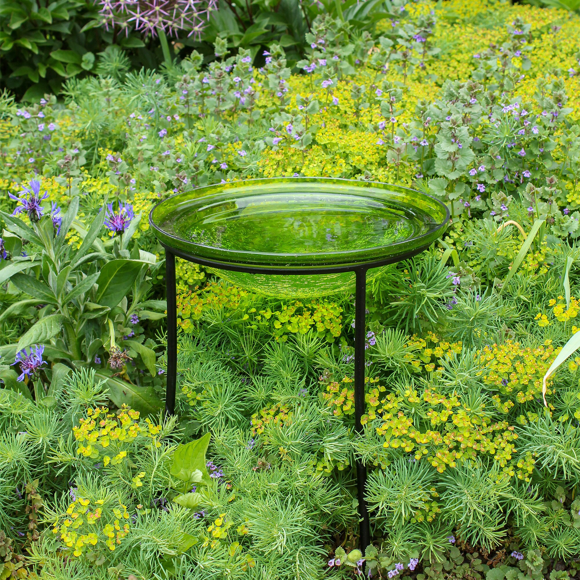 12 Lush Green Glass Birdbath Bowl With Wrought Iron Ring - Etsy