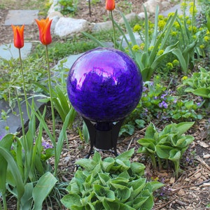 10" Cobalt Blue Mirrored Crackle Texture Glass Garden Gazing Ball with Wrought Iron Stand