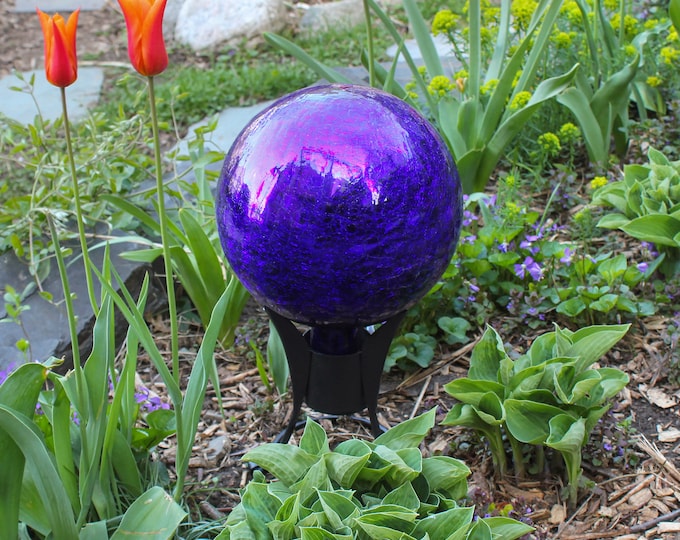 10" Cobalt Blue Mirrored Crackle Glass Garden Gazing Ball with Wrought Iron Stand