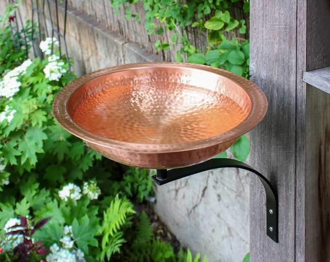 Hammered Solid Copper Birdbath with Wall Bracket