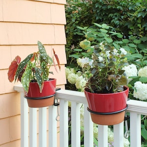 May include: Two potted plants with red pots and black metal brackets mounted on a white wooden railing. The plant on the left has green leaves with white spots. The plant on the right has dark green leaves with white flowers.