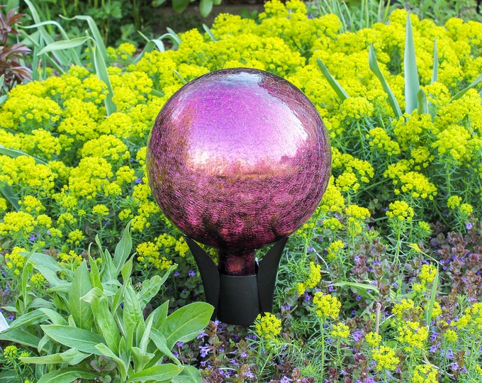 10" Purple Mirrored Crackle Glass Garden Gazing Ball with Wrought Iron Stand