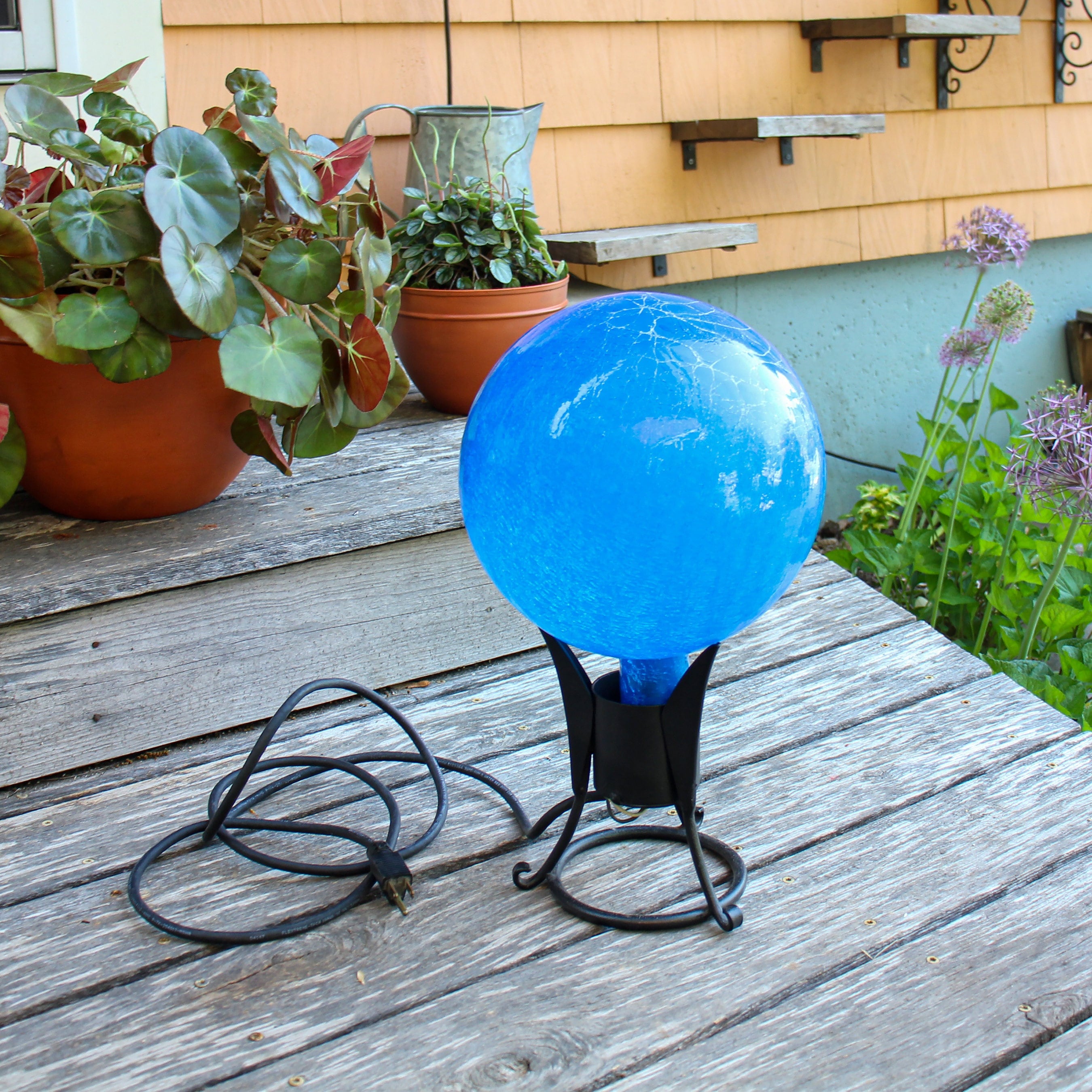 Celestial Crackle Glass Teal Globe With Plug-in Indoor/outdoor