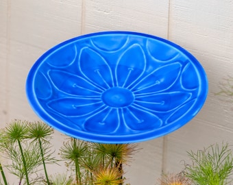 Blue Hand-Embossed Birdbath on Garden Stake