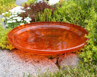 14" Brilliant Tangerine Orange Handblown Crackle Glass Birdbath Bowl