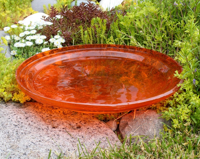 14" Brilliant Tangerine Orange Handblown Crackle Glass Birdbath Bowl