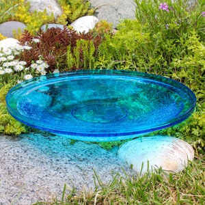 14" Turquoise Handblown Glass Birdbath Bowl