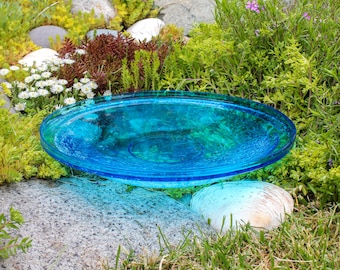 14" Turquoise Handblown Crackle Glass Birdbath Bowl