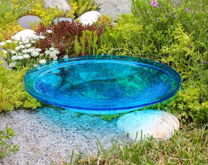 14" Turquoise Handblown Crackle Glass Birdbath Bowl