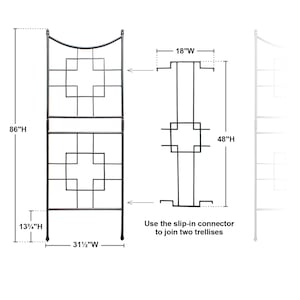 May include: Black metal garden trellis with a geometric design. The trellis is 86 inches tall and 31 1/2 inches wide. It can be joined to another trellis using a slip-in connector.
