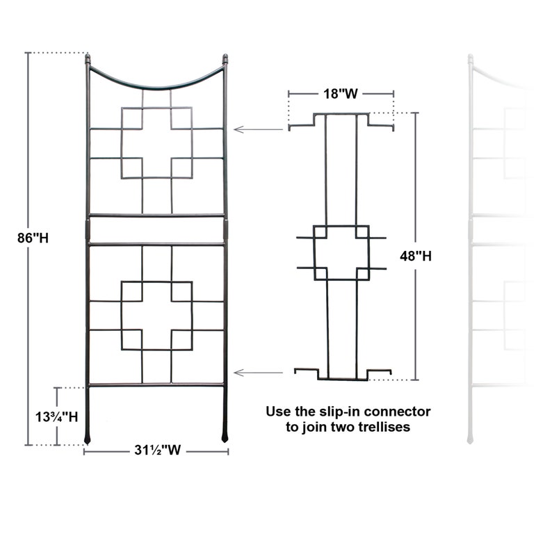 May include: Black metal garden trellis with a geometric design. The trellis is 86 inches tall and 31 1/2 inches wide. It can be joined to another trellis using a slip-in connector.