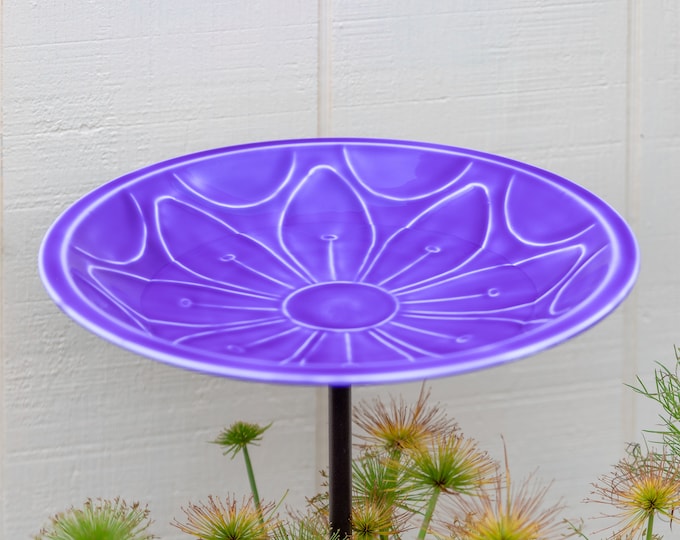 Lavender Purple Hand-Embossed Birdbath on Garden Stake