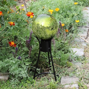 6&quot; Mossy Green Mirrored Textured Crackle Glass Garden Gazing Ball with Wrought Iron Stand