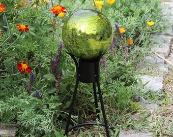 6" Mossy Green Mirrored Textured Crackle Glass Garden Gazing Ball with Wrought Iron Stand