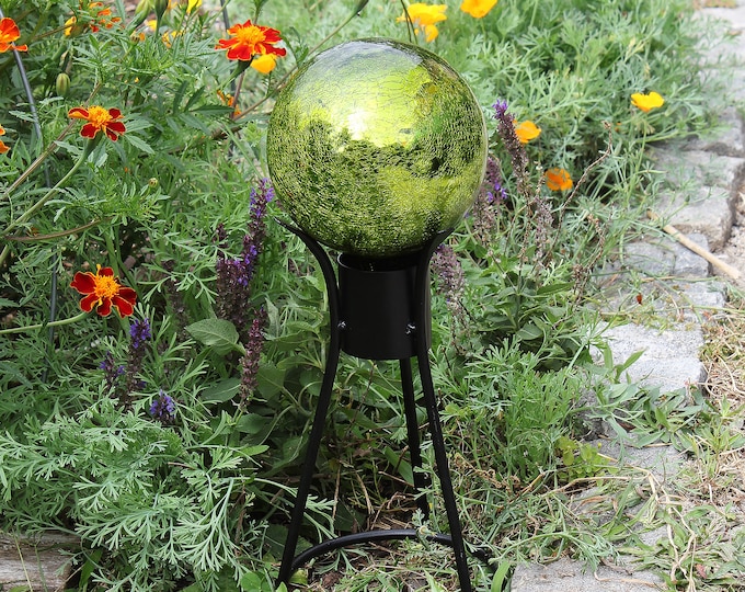 6" Mossy Green Mirrored Crackle Glass Garden Gazing Ball with Wrought Iron Stand