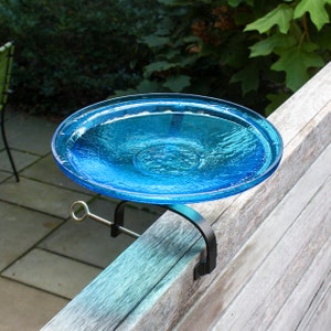 14&quot; Turquoise Crackle Glass Birdbath with Over Deck or Hand Rail Bracket