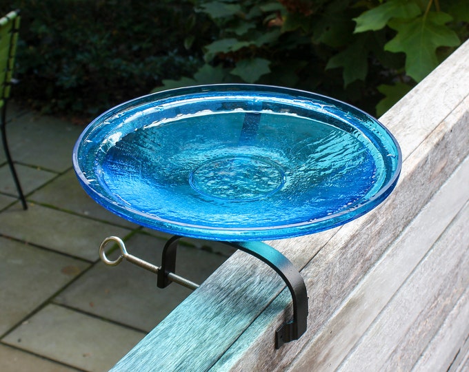 14" Turquoise Crackle Glass Birdbath with Over Deck or Hand Rail Bracket