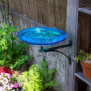 14&quot; Turquoise Blue Crackle Glass Birdbath with Wall Bracket