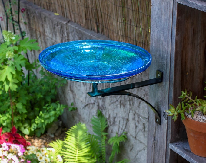 14" Turquoise Blue Crackle Glass Birdbath with Wall Bracket