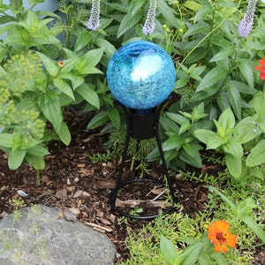 6 Deep Turquoise Mirrored Crackle Glass Garden Gazing Ball with Wrought Iron Stand image 5