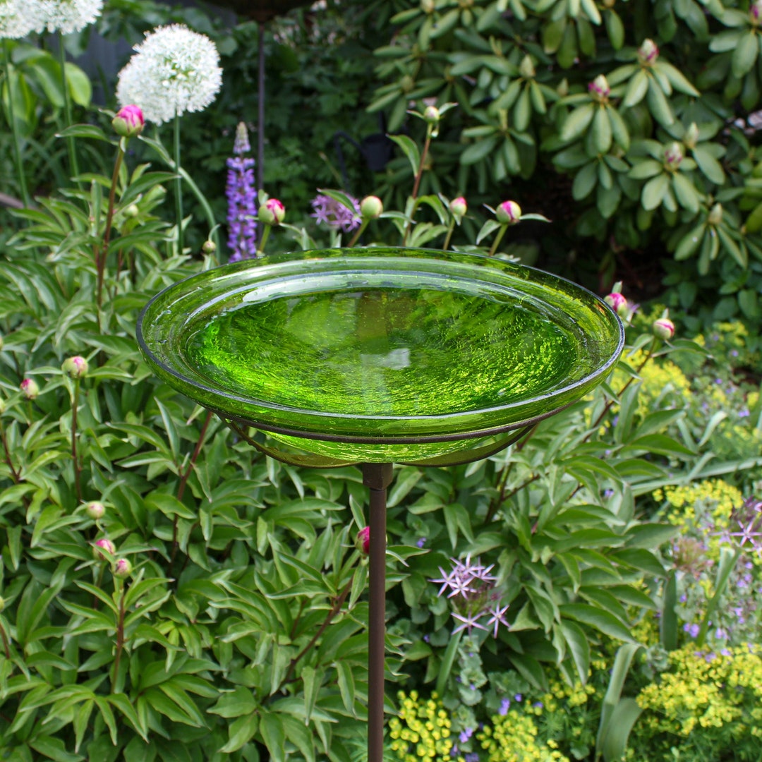 12 Fern Green Glass Birdbath With Garden Stake - Etsy