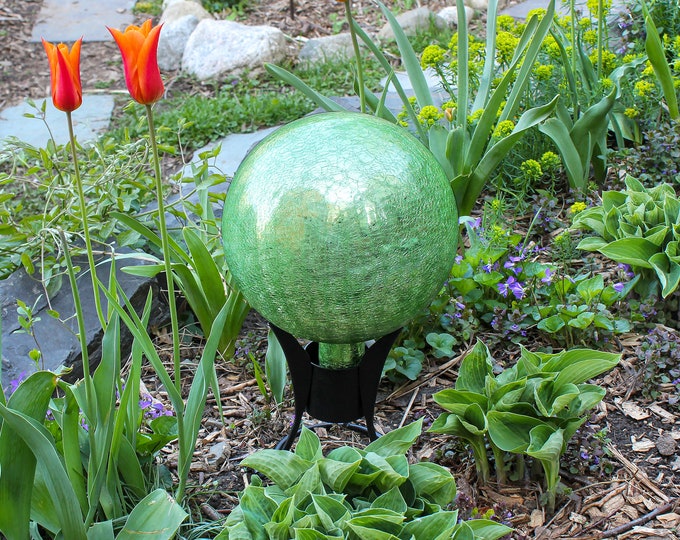 10" Light Green Mirrored Crackle Textured Glass Garden Gazing Ball with Wrought Iron Stand