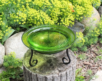 12" Lush Green Crackle Glass Birdbath Bowl and Stand