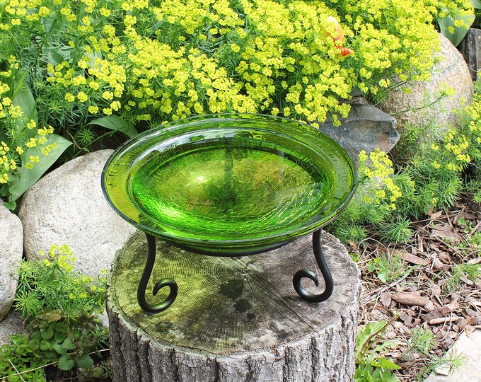 12" Lush Green Crackle Glass Birdbath Bowl and Stand