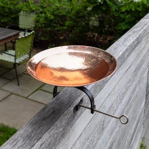 Polished Hammered Copper Birdbath with Over Deck or Hand Railing Bracket