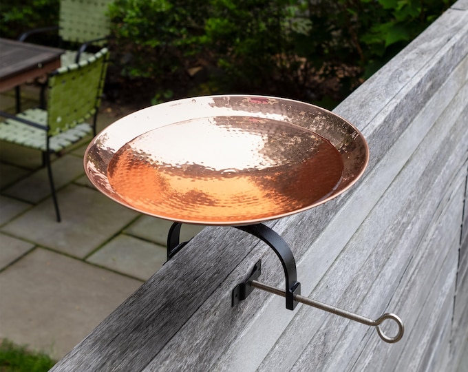 Polished Hammered Copper Birdbath with Over Deck or Hand Railing Bracket