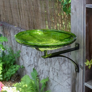 14&quot; Lush Green Crackle Glass Birdbath with Wall Bracket